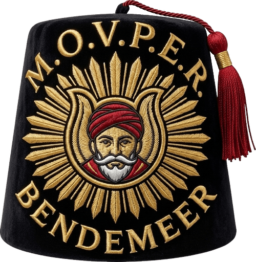 The Bendemeer Grotto fez — black felt with a gold M.O.V.P.E.R. medallion, lettered BENDEMEER, with a red tassel